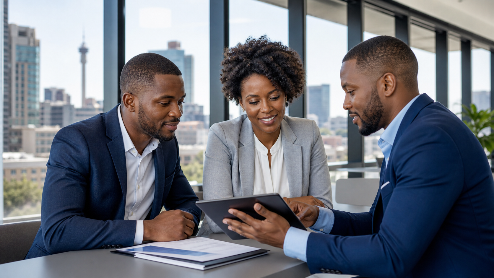 Business advisor and entrepreneurs reviewing documents in a Johannesburg office